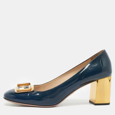 Pre-owned Prada Navy Blue Patent Leather Buckle Block Heel Pumps Size 39.5