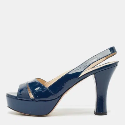 Pre-owned Prada Navy Blue Patent Leather Slingback Platform Sandals Size 38