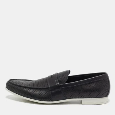 Pre-owned Prada Navy Blue Perforated Leather Slip On Loafers Size 43