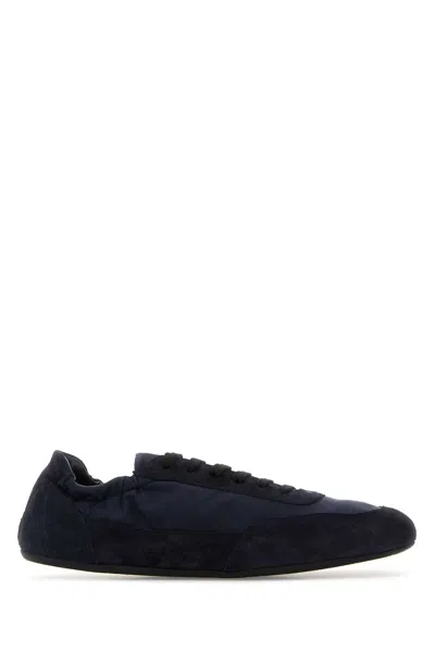 PRADA NAVY BLUE RE-NYLON AND SUEDE COLLAPSE SNEAKERS