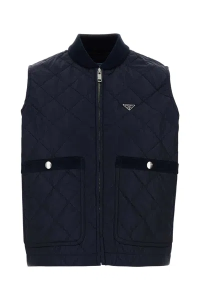 Prada Re Nylon Sleeveless Jacket Quilted Ribbed Collar In Blue