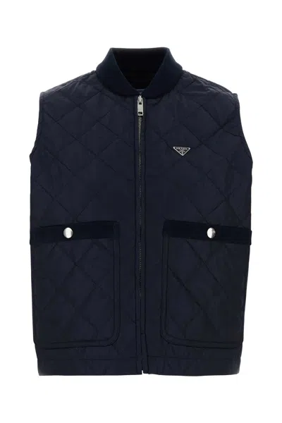 Prada Re Nylon Sleeveless Jacket Quilted Ribbed Collar In Blue