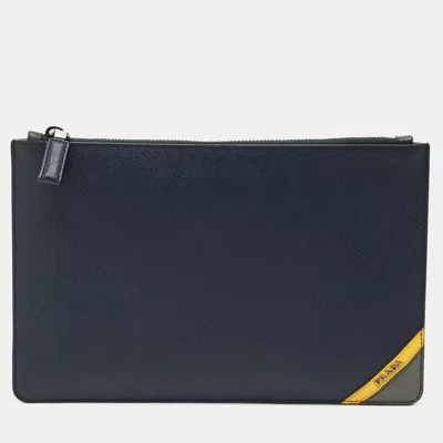 Pre-owned Prada Navy Blue Saffiano Leather Flat Zip Pouch