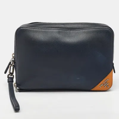 Pre-owned Prada Navy Blue Saffiano Leather Wristlet Pouch Clutch