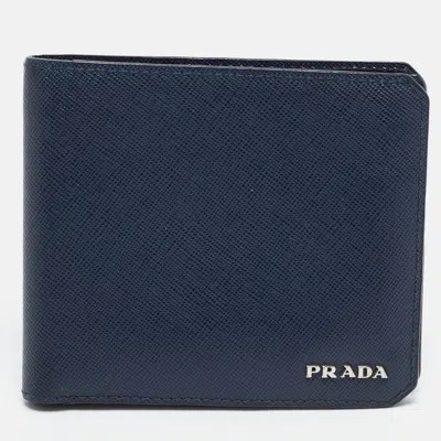 Pre-owned Prada Navy Blue Saffiano Metal Leather Bifold Wallet