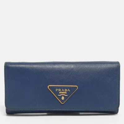 Pre-owned Prada Navy Blue Saffiano Metal Leather Triangle Logo Flap Continental Wallet