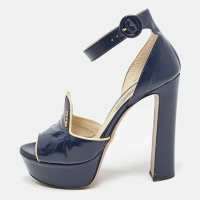 Pre-owned Prada Navy Blue Saffiano Patent Leather Ankle Strap Platform Sandals Size 38.5 In Black