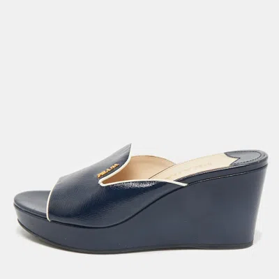 Pre-owned Prada Navy Blue Saffiano Patent Leather Wedge Platform Slide Sandals Size 37