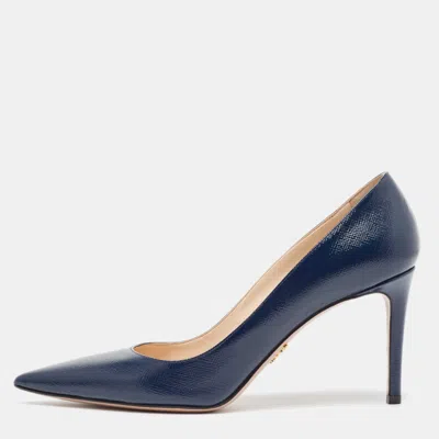 Pre-owned Prada Navy Blue Saffiano Vernice Leather Pointed Toe Pumps Size 40