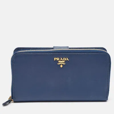 Pre-owned Prada Navy Blue Saffino Lux Leather French Continental Wallet