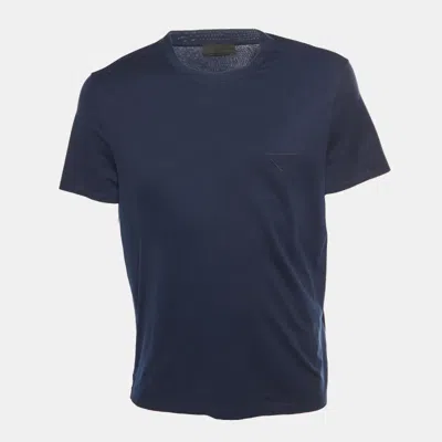 Pre-owned Prada Navy Blue Stretch Cotton Logo Detail Crewneck T-shirt Xl