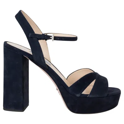 Pre-owned Prada Navy Blue Suede Criss Cross 115 Platform Sandals Shoes 38.5