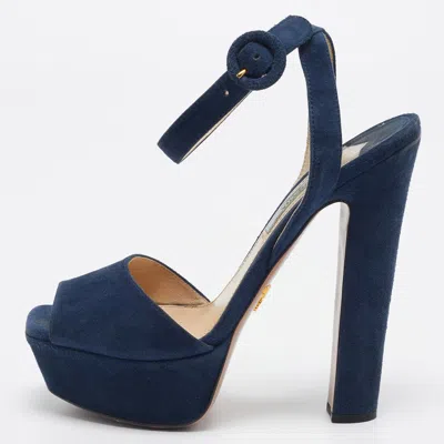 Pre-owned Prada Navy Blue Suede Platform Ankle Strap Sandals Size 37