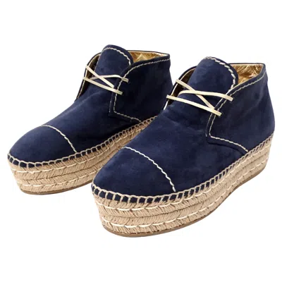 Pre-owned Prada Navy Blue Suede Platform Espadrille Ankle Boots