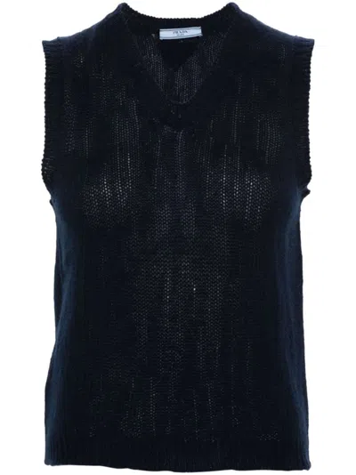 PRADA NAVY BLUE V-NECK CASHMERE VEST