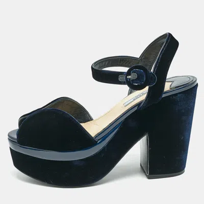 Pre-owned Prada Navy Blue Velvet Block Heel Platform Ankle Strap Sandals Size 38