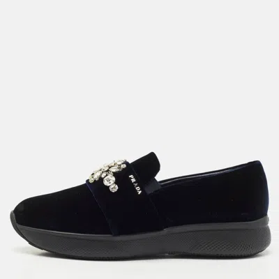 Pre-owned Prada Navy Blue Velvet Crystal Embellished Slip On Sneakers Size 38.5