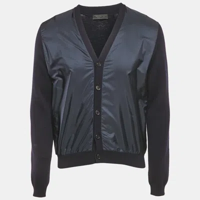 Pre-owned Prada Navy Blue Wool & Nylon Paneled Cardigan L