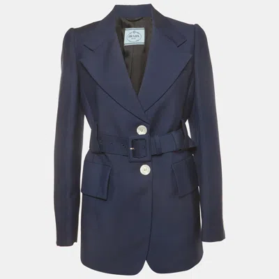 Pre-owned Prada Navy Blue Wool Blend Belted Single Breasted Blazer L