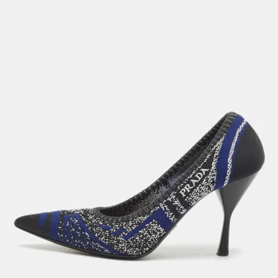 Pre-owned Prada Navy Blue/black Printed Knit Fabric Pointed Toe Pumps Size 37.5