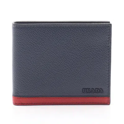 Pre-owned Prada Navy Red Color Leather Wallet (bi-fold) () In Navy, Red Color