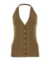 Prada Cotton Knit Halter V-neck With Ribbed Texture And Button Accents In Cork Beige