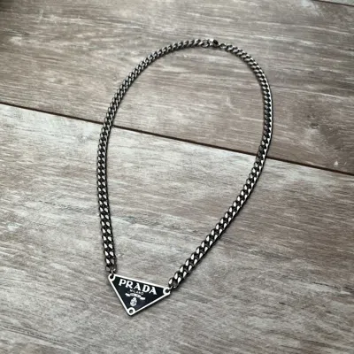 Pre-owned Prada Necklace Chain Pendant Triangle Silver Repurposed In Black