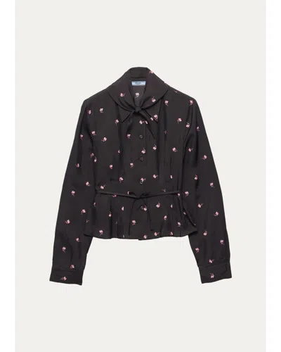 Prada Neck-scarf Floral Silk Button-down Blouse In Black