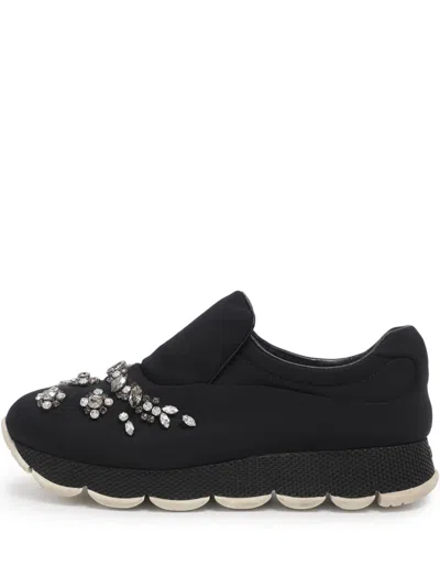 Pre-owned Prada Neoprene Crystal Slip-ons In Black