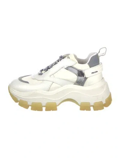 Pre-owned Prada Neoprene Leather Trim Embellishment Chunky Sneakers In White
