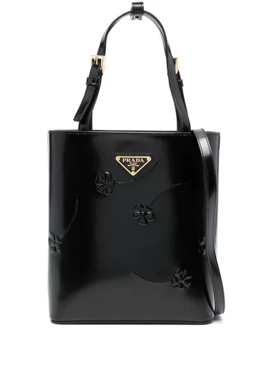 Prada Floral Embossed Leather Tote Bag In Black