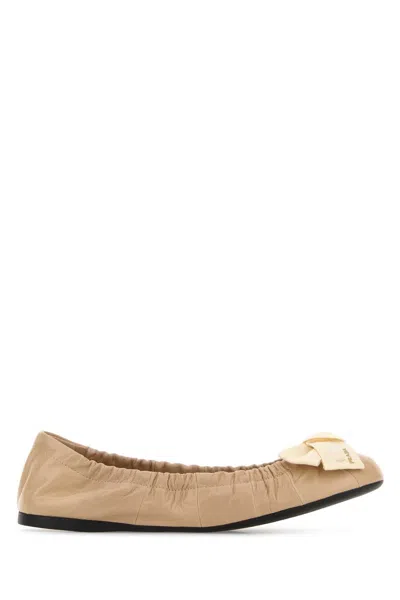 Prada Bow-detail Gathered Leather Ballerinas In Neutral