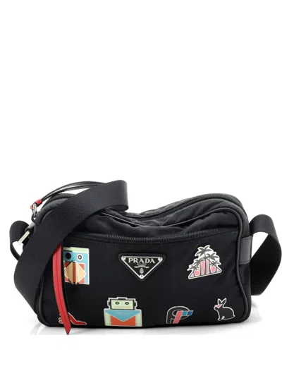 Pre-owned Prada New Vela Pin Embellished Tessuto Small Shoulder Bag In Black