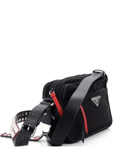 Pre-owned Prada New Vela Shoulder Bag Tessuto With Studded Leather Small Crossbody Bag In Black
