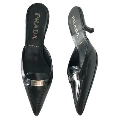 Pre-owned Prada Nib  Logo Plaque Black Pointed Toe Kitten Heel Mules Pumps 36.5