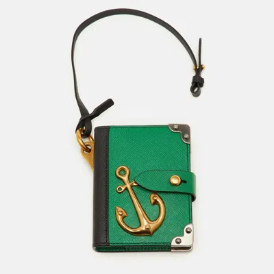 Pre-owned Prada Notebook Green/black Saffiano Leather Bag Charm