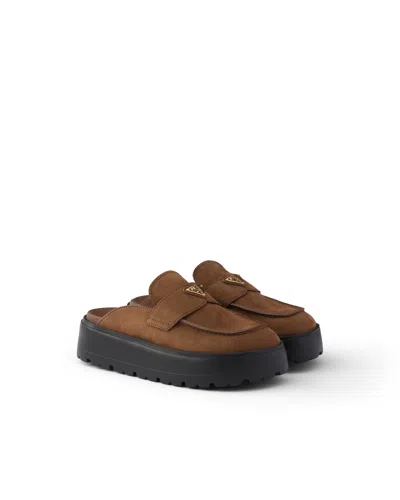 Prada Nubuk-plateau-mules In Brown