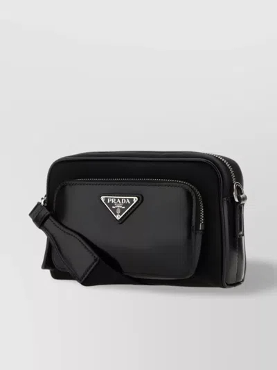 Prada Nylon And Leather Crossbody With Glossy Strap In Black