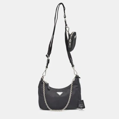 Prada Nylon And Leather Re-edition 2005 Baguette Bag In Black