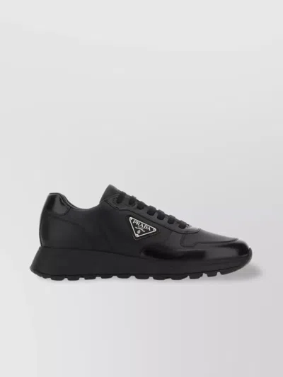 Prada Nylon And Leather Sneakers With Flat Sole In Black