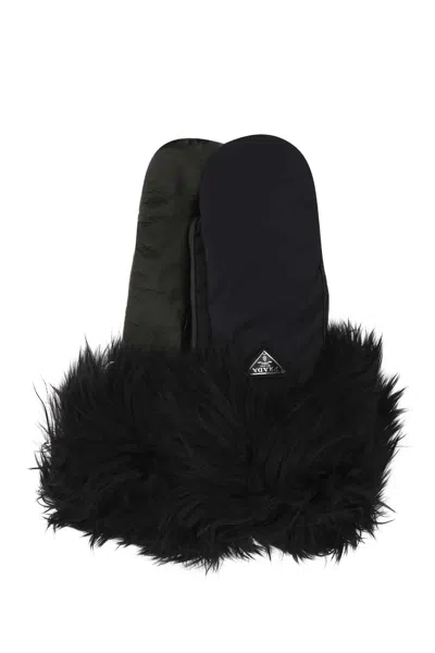 Prada Nylon And Nappa Leather Gloves In Black