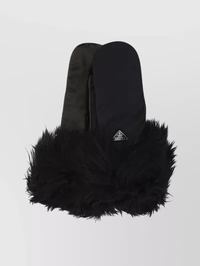 PRADA NYLON AND NAPPA LEATHER GLOVES WITH FUR TRIM