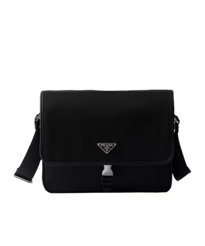 Prada Nylon And Saffiano Leather Shoulder Bag In Black