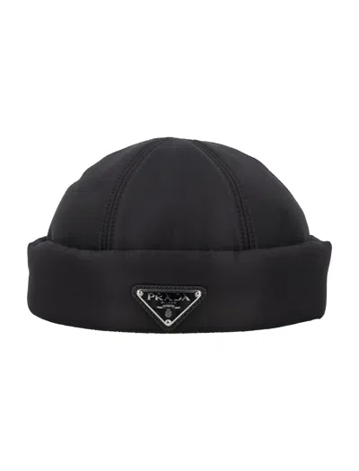 Prada Nylon Beanie With Fold-over Design For Men In Black