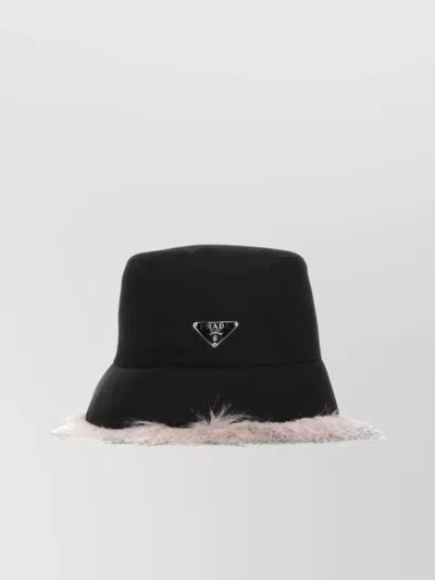 Prada Nylon Brimmed Hat With Eco Fur And Feather Trim In Black