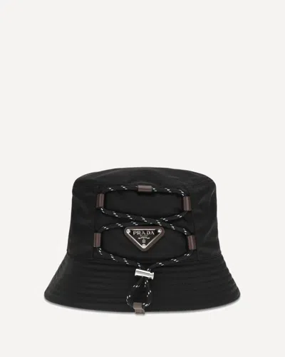 Prada Renylon Bucket Hat Stitched Brim Design In Black