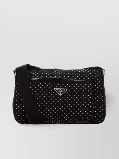Prada Nylon Crossbody Bag With Front Zip Pocket And Studded Design In Black