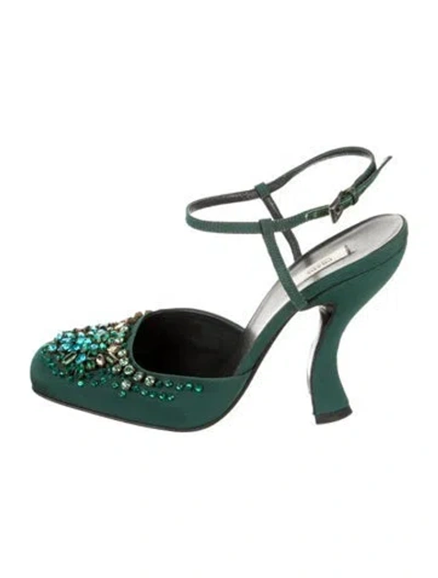 Pre-owned Prada Nylon Crystal Embellishments Slingback Pumps In Green