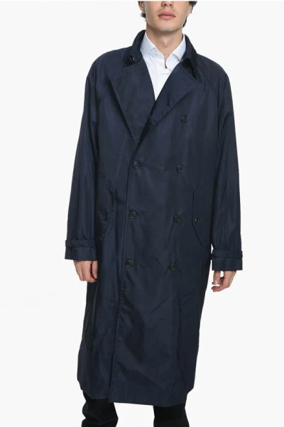 Prada Nylon Double-breasted Trench With Raglan Sleeves In Blue