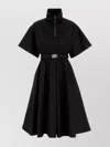 Prada Nylon Dress With Belted Waist And Flared Skirt In Blue
